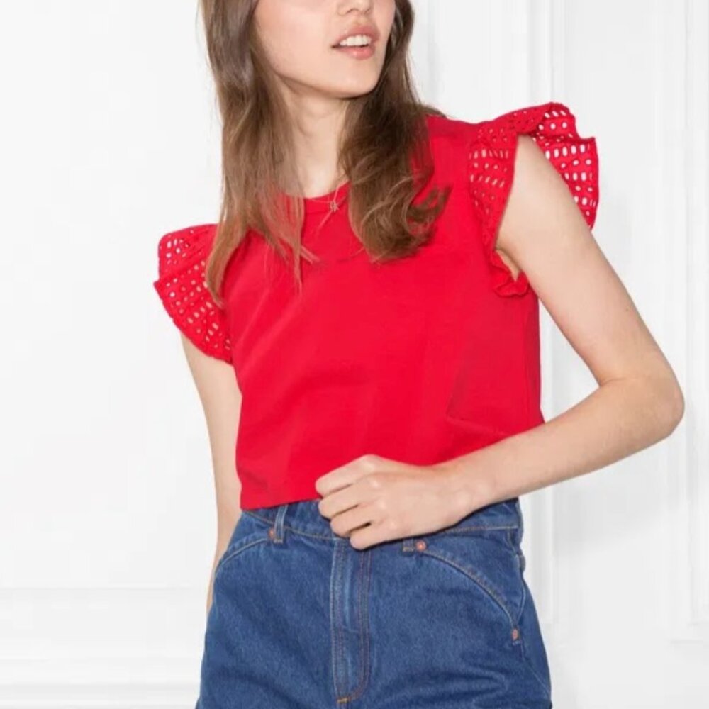 & Other Stories Eyelet Flutter Sleeve Crop Tee
